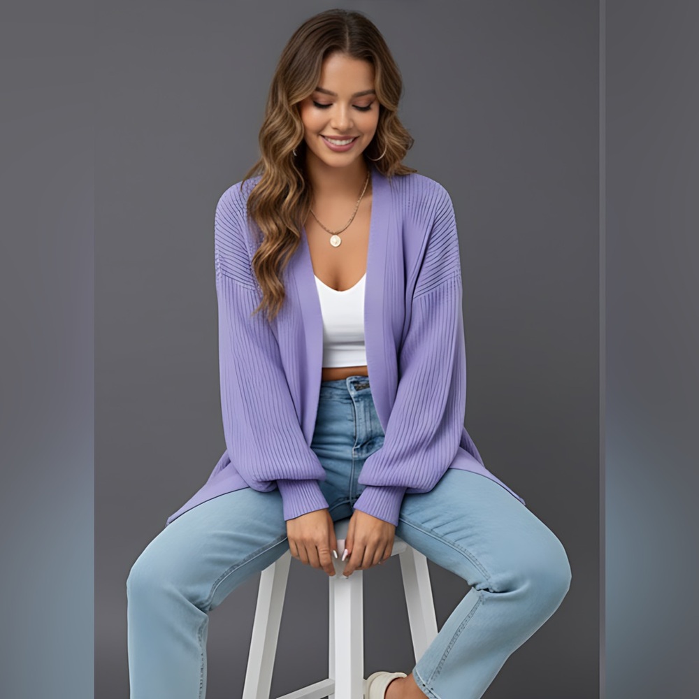 Drop Shoulder Ribbed Knit Duster Cardigan Purple - Picture 2 of 8